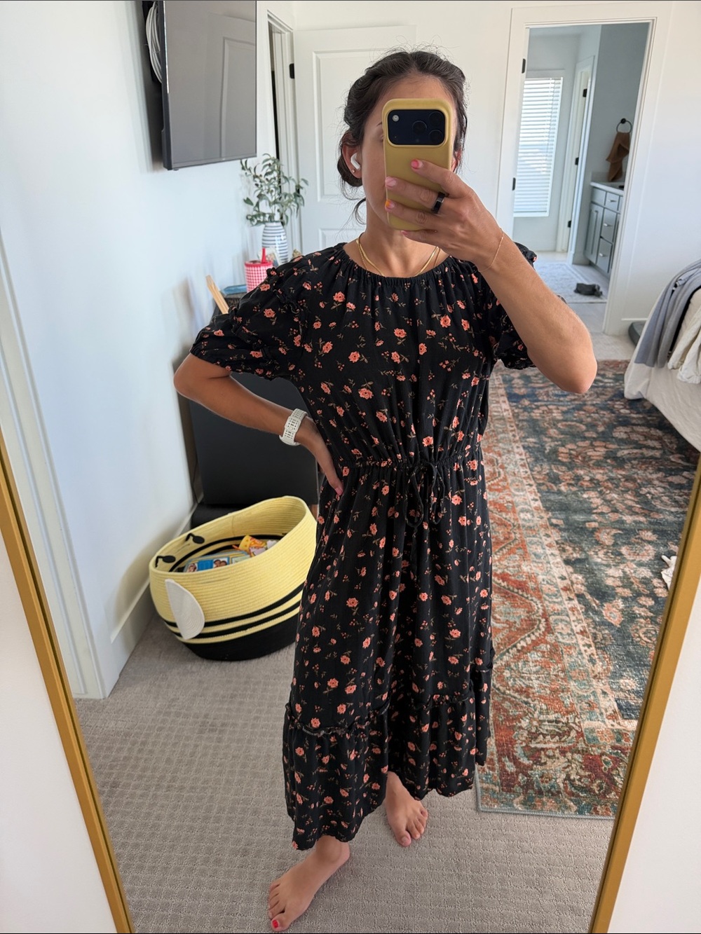 Women’s Black Floral Midi Dress with Drawstring Waist